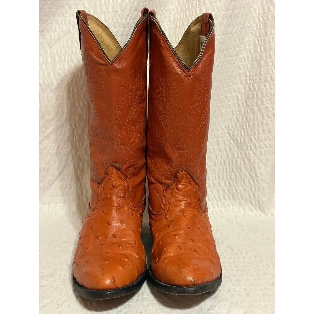VTG Full Quill Ostrich Handmade Mexico Cowboy Boots Men’s 8.5 Mex 26.5 Cognac